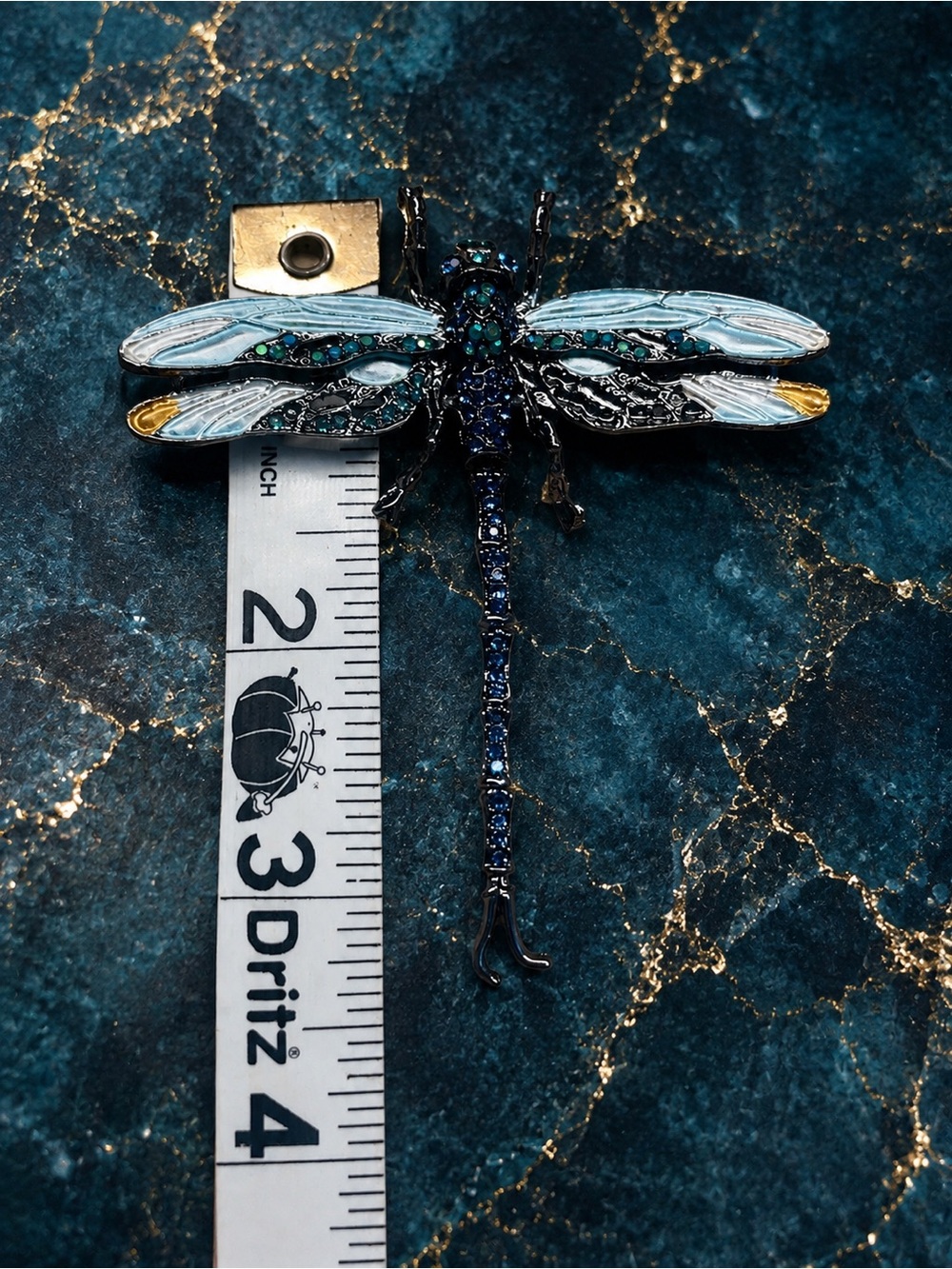 Large Articulated Dragonfly Brooch β Blue Rhinestone & Enamel Statement Pin - Picture 6 of 7
